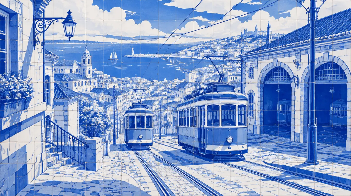 The Tram Cut: dua trem berpapasan di jalan curam, kabel di atas, depo berpintu lengkung.